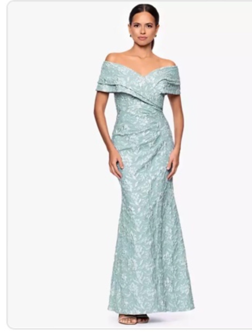 Betsy & Adam Off the shoulder Gown Size 6P, Light Sage with Jacquard fabric